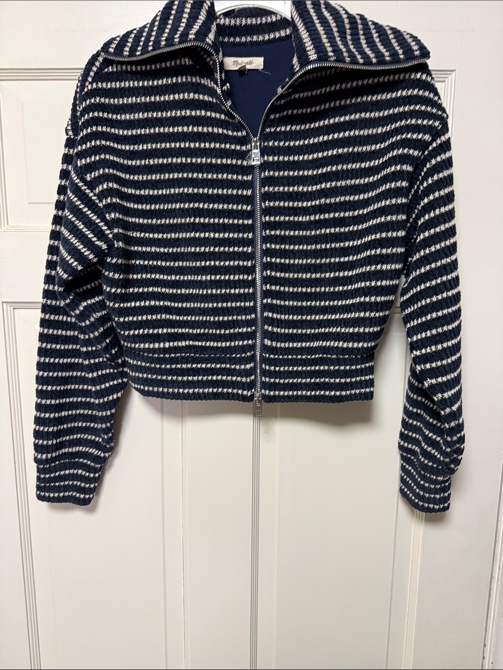 Madewell Navy and White Striped Cropped Knit Zip Bomber